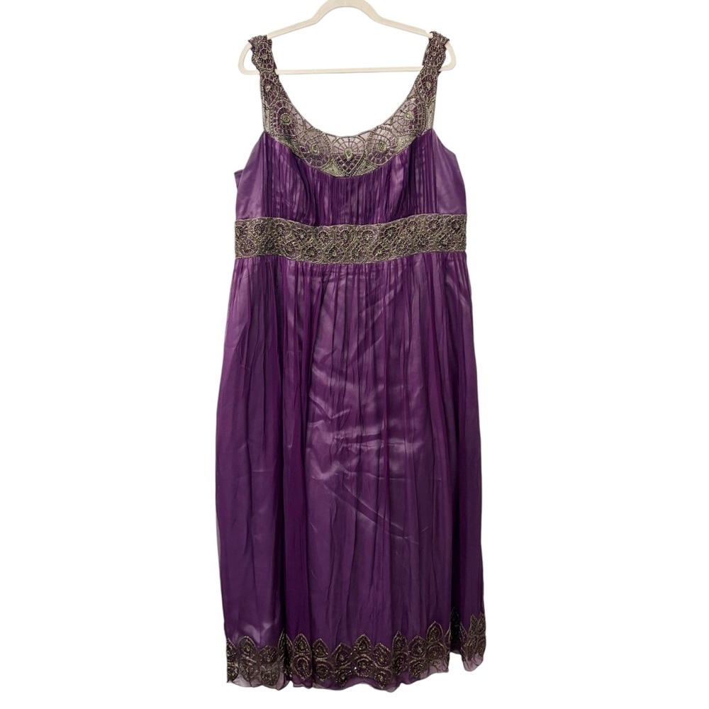 ADRIANNA PAPELL EVENING Elegant Purple Sleeveless Dress with Gold Accents Sz 20W